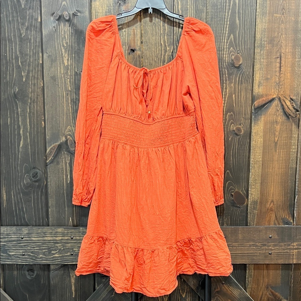 Lillusory Orange Smocked Babydoll Mini Dress XL Ruffle Hem Boho Chic Festival